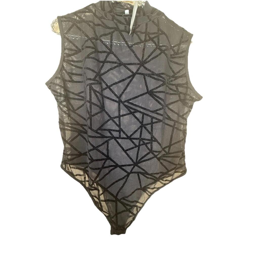 Black Sheer Mesh Jumpsuit‎ Turtleneck Sz 2 XL Burnout  Bodysuit Sleeveless